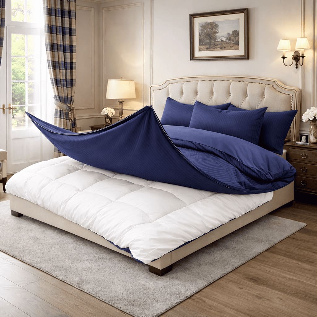 Redssen duvet cover with 3-sided zip opening, navy blue striped design in bedroom setting #color_navy-blue