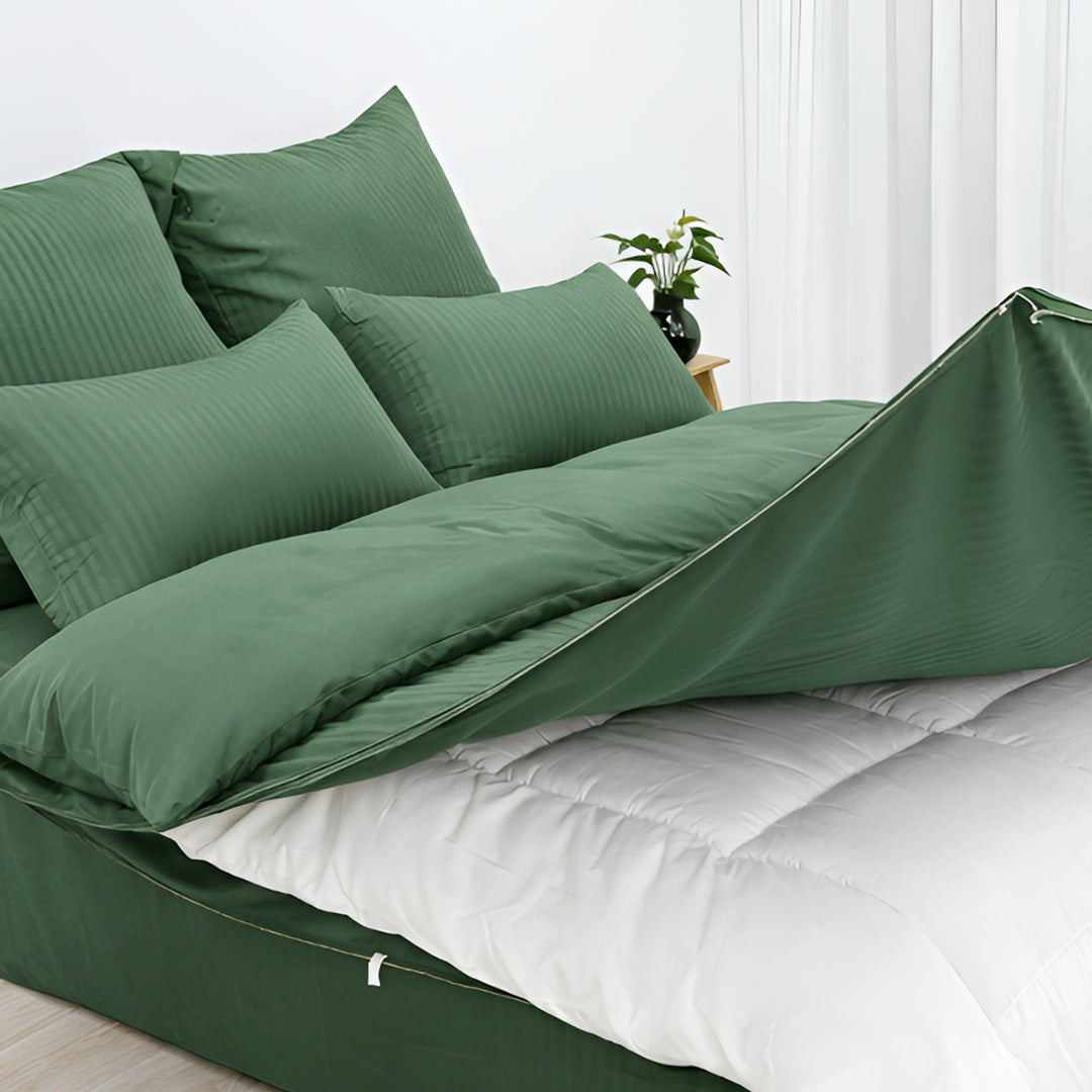 Redssen olive green striped duvet cover with 3-sided zip opening on bed #color_olive-green