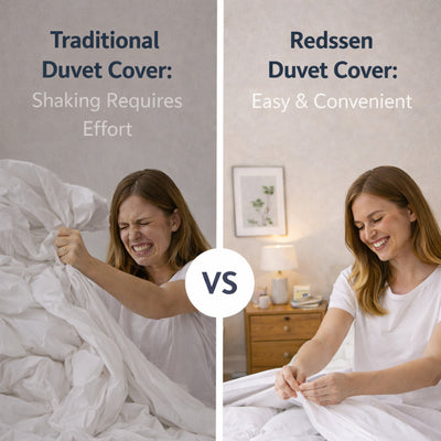 duvet cover comparison showing traditional bedding vs easy 3-sided zip duvet cover by Redssen #color_cloud-white